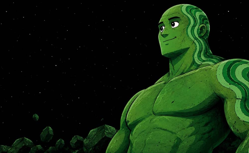 Malachite mascot rising among the blocks